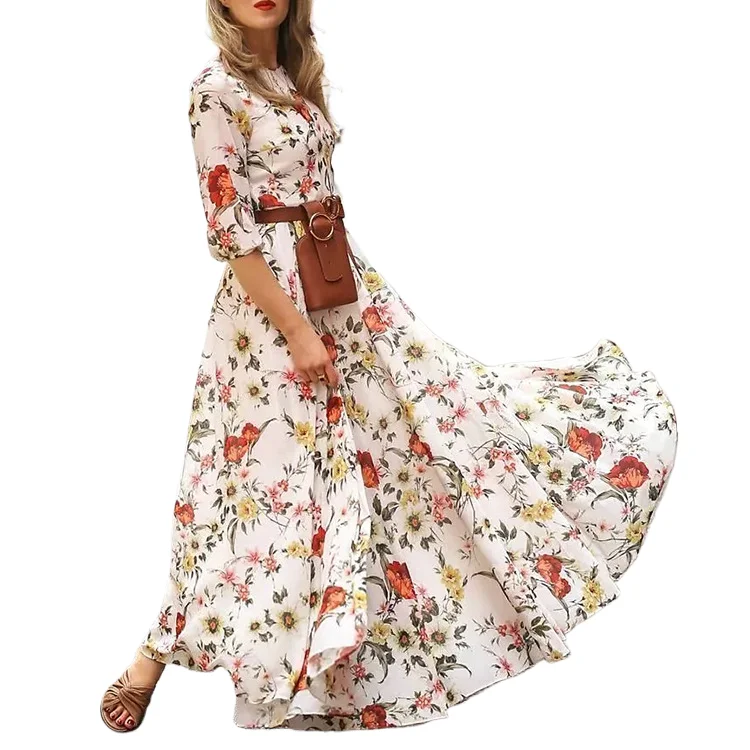

Spring Summer Vintage Flower Floral Print Maxi Dress Office Lady Fashion Elegant Long Sleeve O-neck Dresses For Women 2024