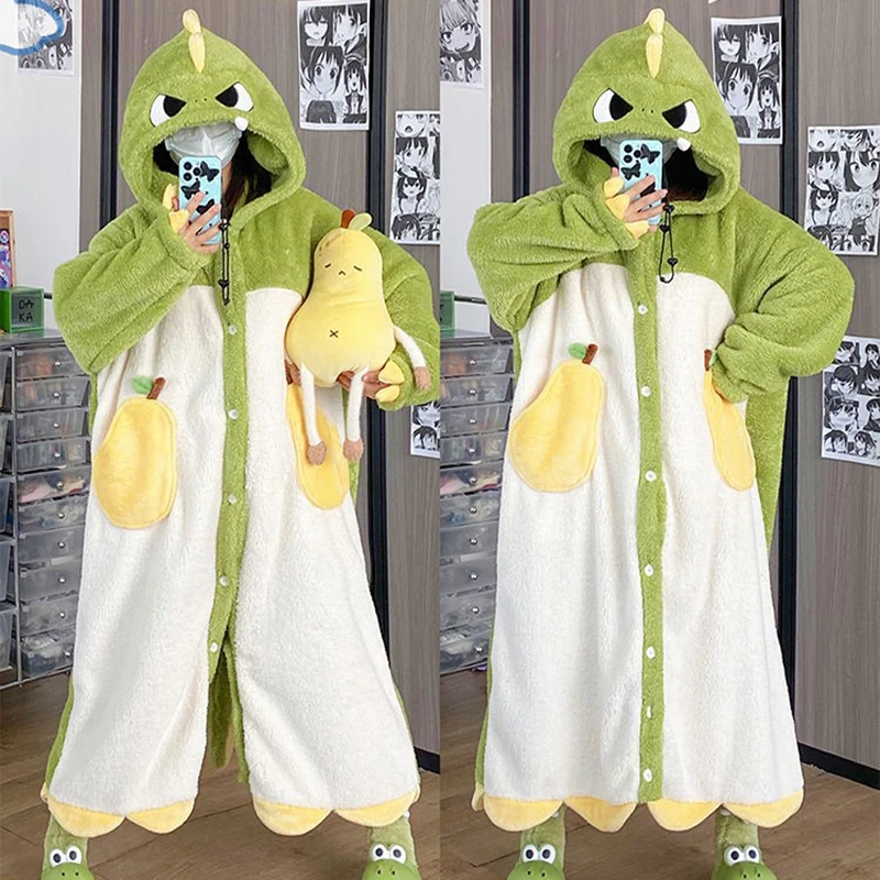 Women\'s Flannel Cosplay Costume Dinosaur Bat Rabbit Dog Animal Pajamas Cartoon Hooded Nightgown Halloween Christmas Nightdress