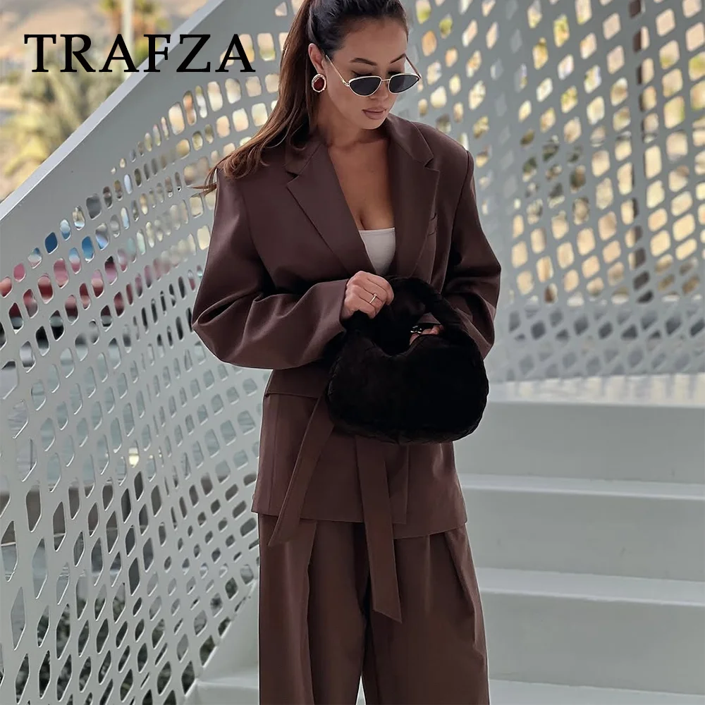 TRAFZA 2025 printemps été bureau dame élégant solide femmes costume mode ceintures décontractées droite haussement d'épaules Blazer Chic fermeture éclair pantalon Long