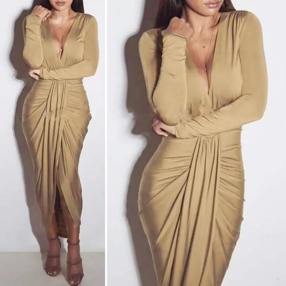 Women Autumn Winter Midi Dress Deep V-neck Long Sleeve Dress High Waist Pleated Elegant Slimming Front Split Dress