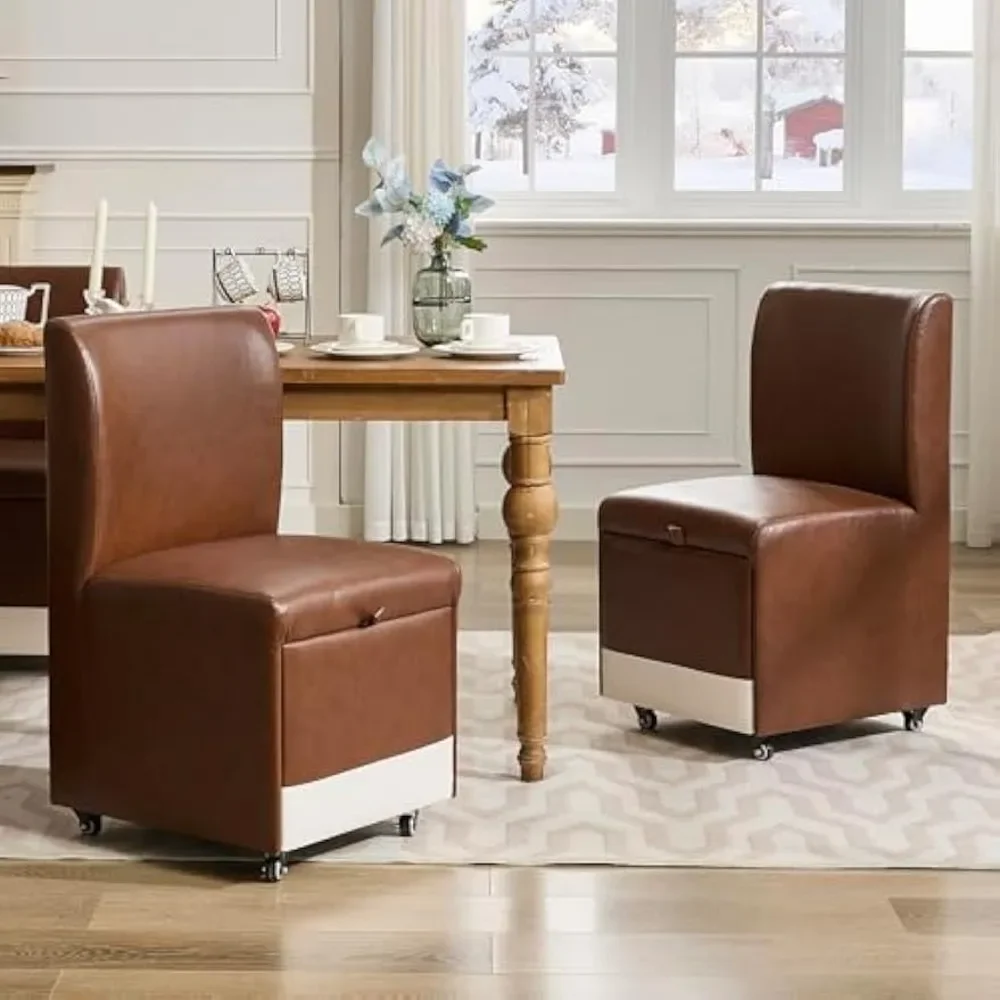 

Dining Chair Set of 2 with Casters & Storage, Comfy Modern Rolling Brown Leather Armless Chairs, Upholstered Swivel Dining Chair