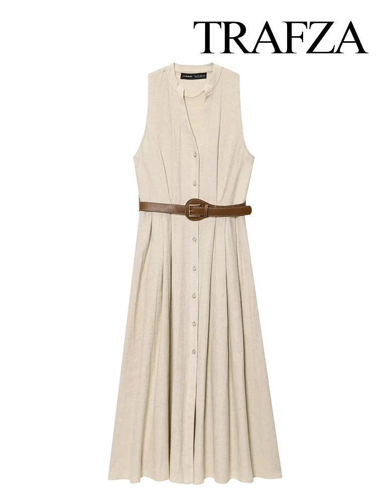 

TRAFZA Women Summer New Fashion V-neck Single-Breasted Linen Belt Midi Dress Female Temperament High Street Casual Pleated Dress