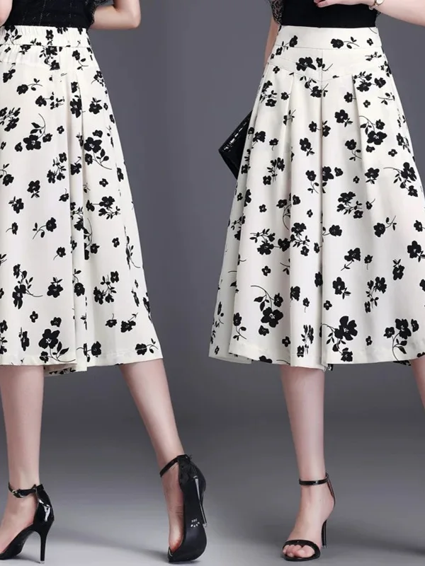 Zomer Dunne Ijs Zijde Casual Wijde Pijpen Broek Dames Nieuwe Losse Afslankende Bloemenprint Zeven Voeten Rok Hoge Taille Midi Rok