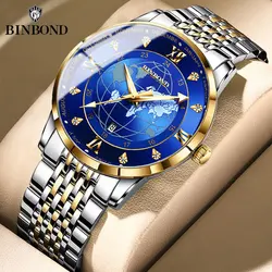 BINBONG Top Brand Business Men Quartz Watch Waterproof Date Stainless Steel Trend Male Wristwatches Luxury Earth Starry Luminous