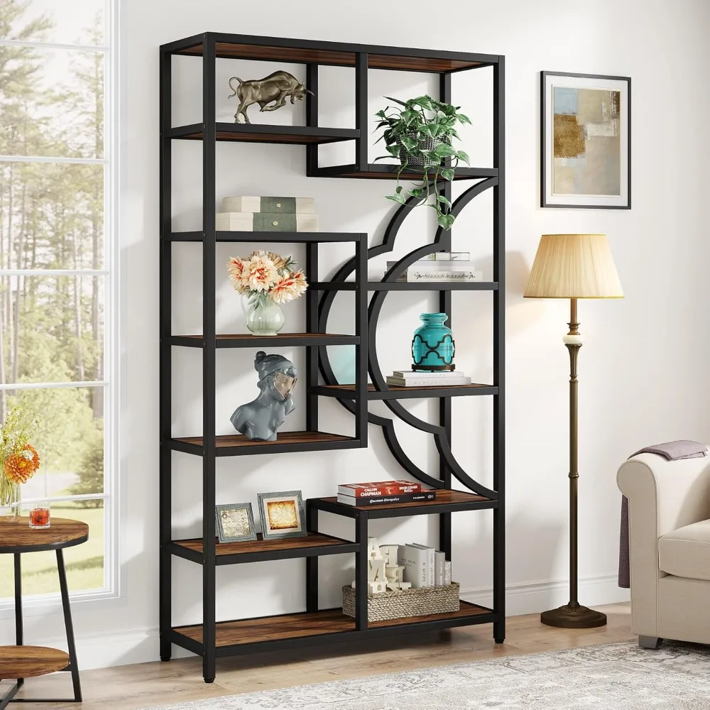 11-Shelves Tall Bookcase with Unique Arc-Shaped Design, Industrial Etagere Display Storage Shelves 11.8