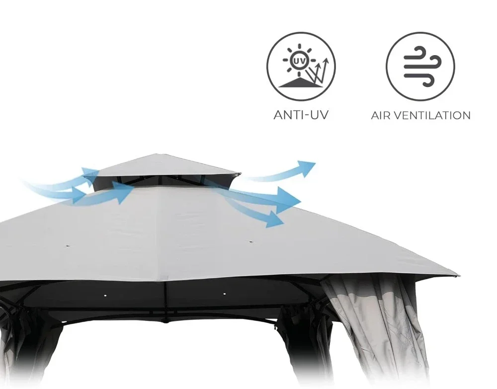 10x13 Gazebo Double Soft Top Canopy Anti-UV Shelter with Privacy Curtains and Netting for Patio Deck Backyard Garden Lawns A