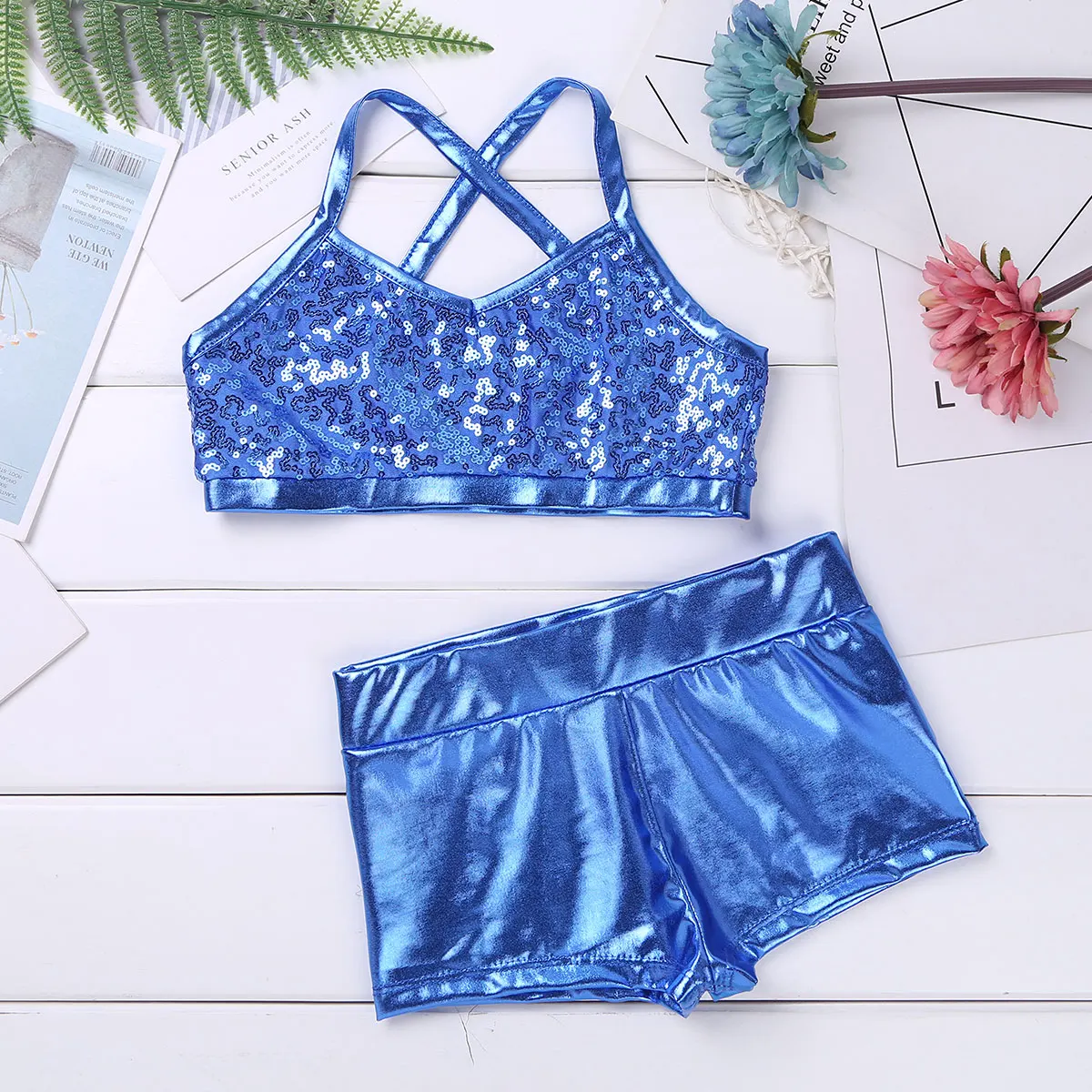 Kids Girls 2Pcs Dance Sports Set Shiny Sequins Backless Camisole Crop Top Booty Shorts Gymnastics Ballet Gym Workout Outfits