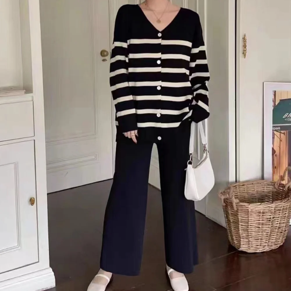 Korean Style Elegant 2-Piece Sets For Women Stripe Sweater Long Sleeve Top Matching Pant Sets New In Knitwear Casual Chic Outfit