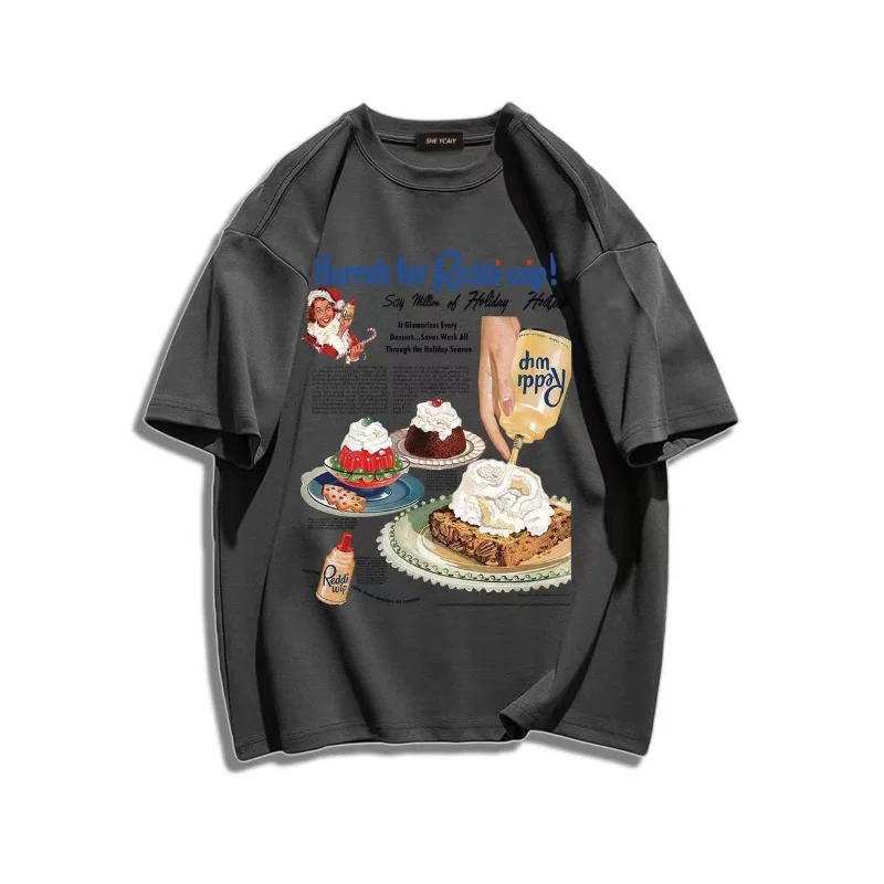 American Retro Burger Cake Print 100% Cotton Crewneck T Shirt Women Short Sleeve Casual Aesthetic Top 2023 Summer Gothic Clothes