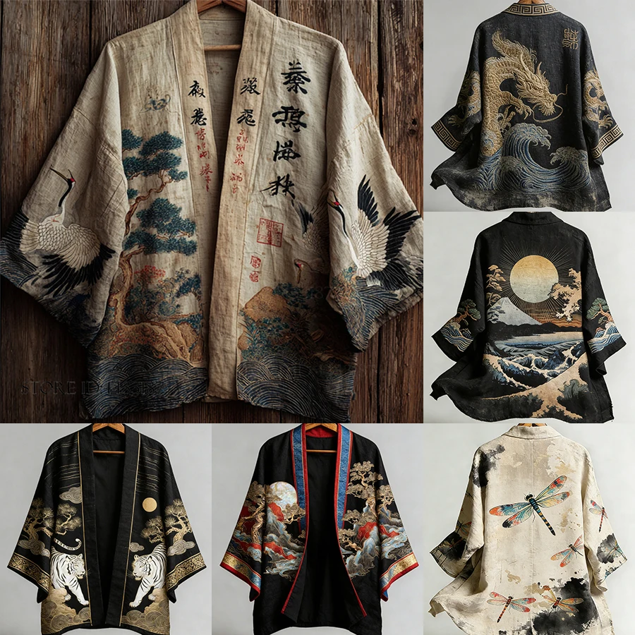 

Японское кимоно большого размера, кардиган, мужское пальто, ретро-куртка с принтом, с короткими рукавами, юката, хаори, костюм самурая, повседневная рубашка-куртка в стиле Харадзюку