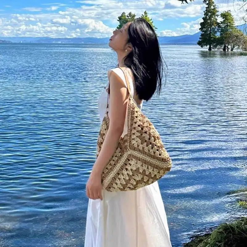 

Summer Hollow Straw Vacation Beach Bag Shoulder Women's Bag New Fashion Bohemian Paper Rope Handmade Straw Bag Casual Tote Bag