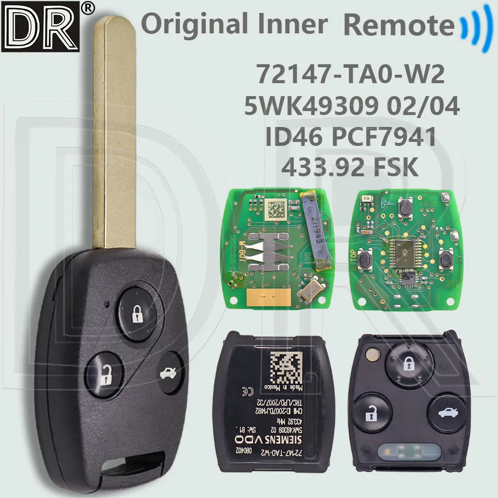 DR 5WK49309 72147-TA0-W2 Original Inner Core ID46 PCF7941 433.92 FSK Car Remote Key For Honda Accord 2008 2009 2010 2011 2012