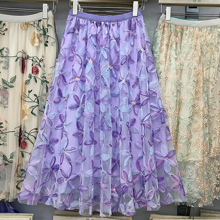 Autumn Winter Flower Embroidery Sequin Mesh Midi Skirts Women 2026 Korean Style Fashion Elegant High Waist Faldas