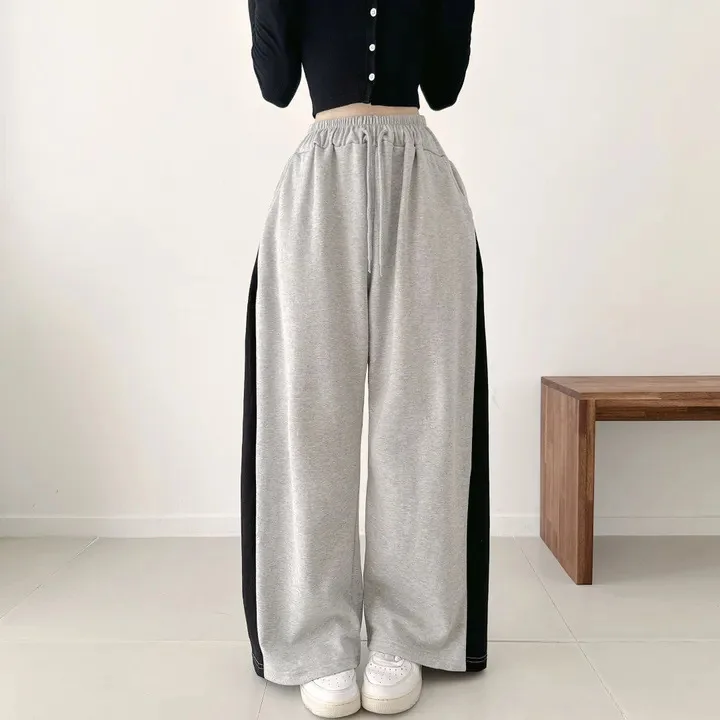 Autumn High Waist Cotton New Gray Wide Leg Trousers Women's Plus Size Casual Sports Straight Leg Pants Loose Trendy Long Pants