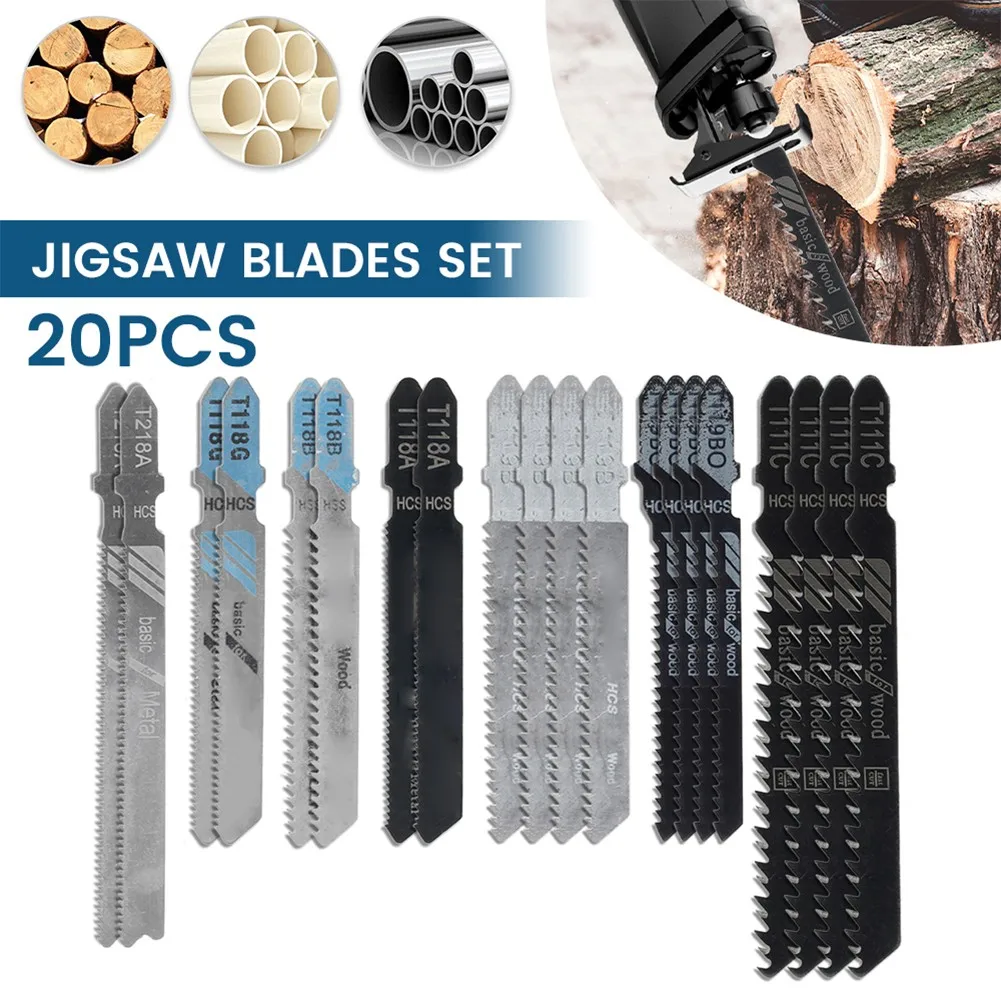 

20pcs Saw Blade Set HSS HCS Assorted Blades T-shank Fast Cut Down Jigsaws Blade Jig Saw Cutter For Wood Plastic Metal Cutting