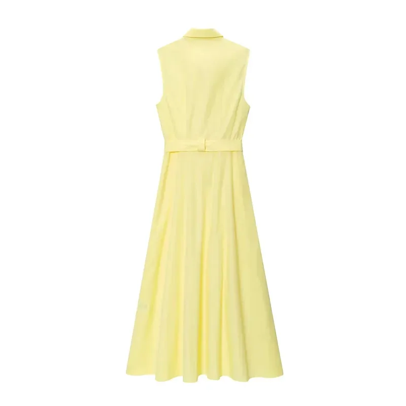 

Women's Elegant Sleeveless Lapel Midi Dress Slim Fit Casual Summer Fashion Commuter Dress Single Breasted Belt