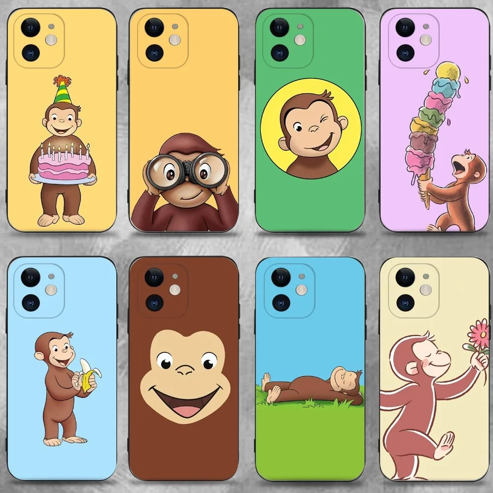 

Curious George Monkey Phone Case For iPhone 16,15,14,13,12,11 Plus,Pro Max,XS,X,XR,SE,Mini,8,7,Soft Silicone Black Cover