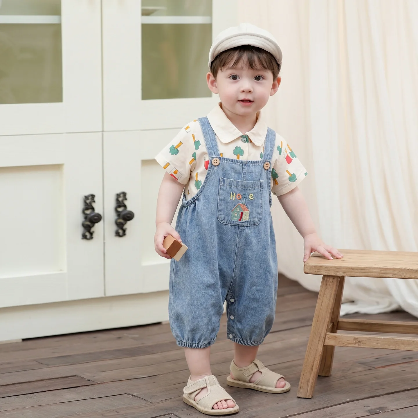 Boys Summer Short-sleeved Set 2026 New Summer Children's Casual Cartoon Denim Overalls Two-piece Set