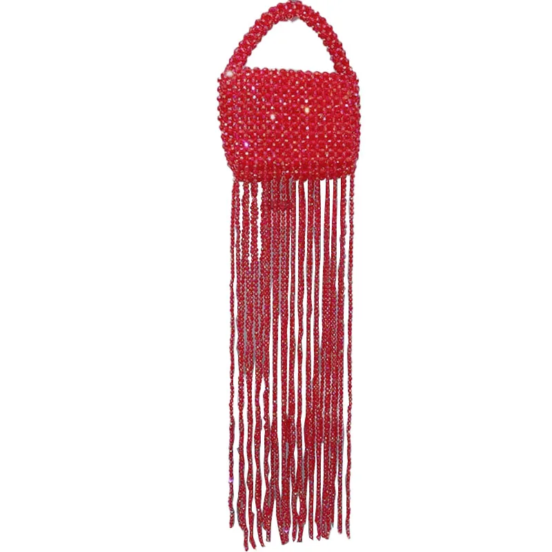 2023 New Acrylic Colorful Red Beaded Women\'s Bags Fashion Personalized Solid Tassel Design Handbag Simple Casual Handwoven Bag