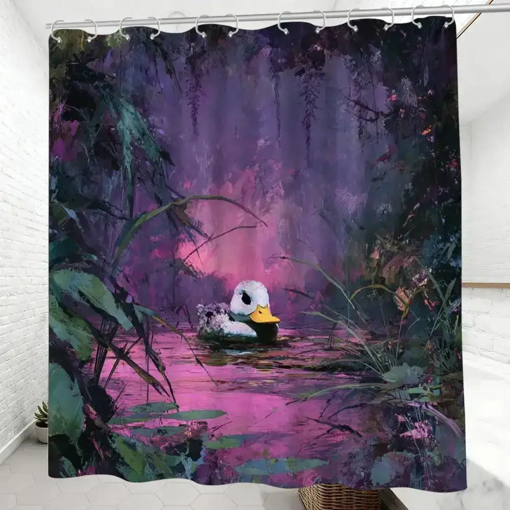 Watercolour Duck Pond Nature Woodland Shower Curtain Polyester Waterproof Bathroom Decor Home Accent Curtain for Tropical Bath S