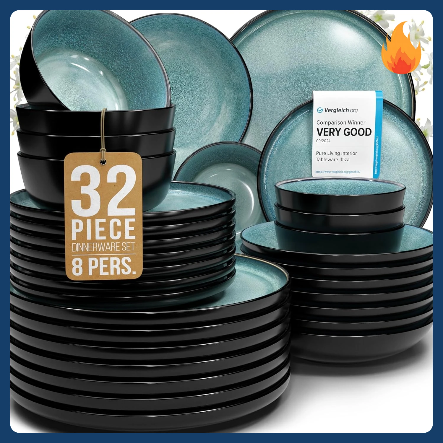 

32 Piece Dinnerware Sets for 8 - Modern Style Stoneware Dinnerware Set - Scratch Resistant, Dishwasher Safe Plates and Bowls Set