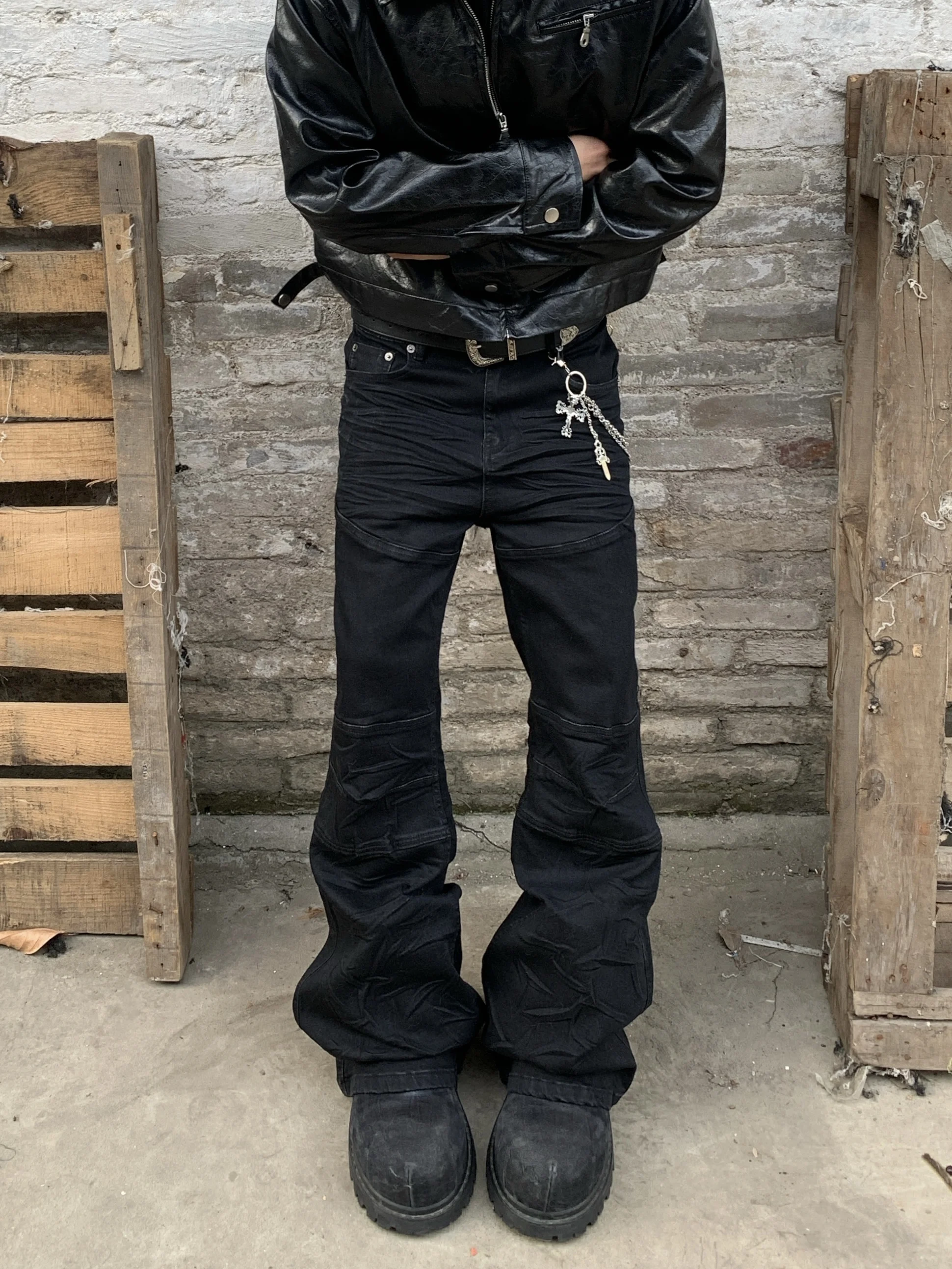 

Waed Vintage American Bla Slim Fit Men's Jeans Folded Cuff Bell Bot Youthful Casual Denim Trousers for Autumn Wear