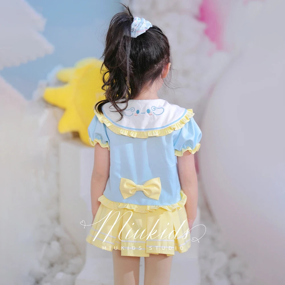 Kawaii Cinnamoroll Girl's Jk Pleated Skirt Set Anime Sanrios Y2K Doll Collar Short Sleeve Sailor Uniform Kuromi Kid Princess Set