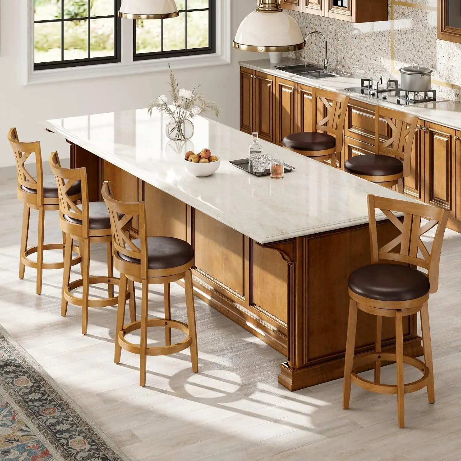 26 Inch Counter Height Swivel Bar Stools Set of 6, Teak