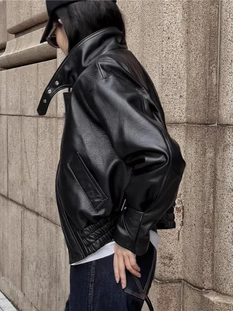 Black Short Genuine Leather Motorcycle Jackets for Women Spring Autumn 2026 New High-end Simple Soft Bubble Real Sheepskin Coat view 4