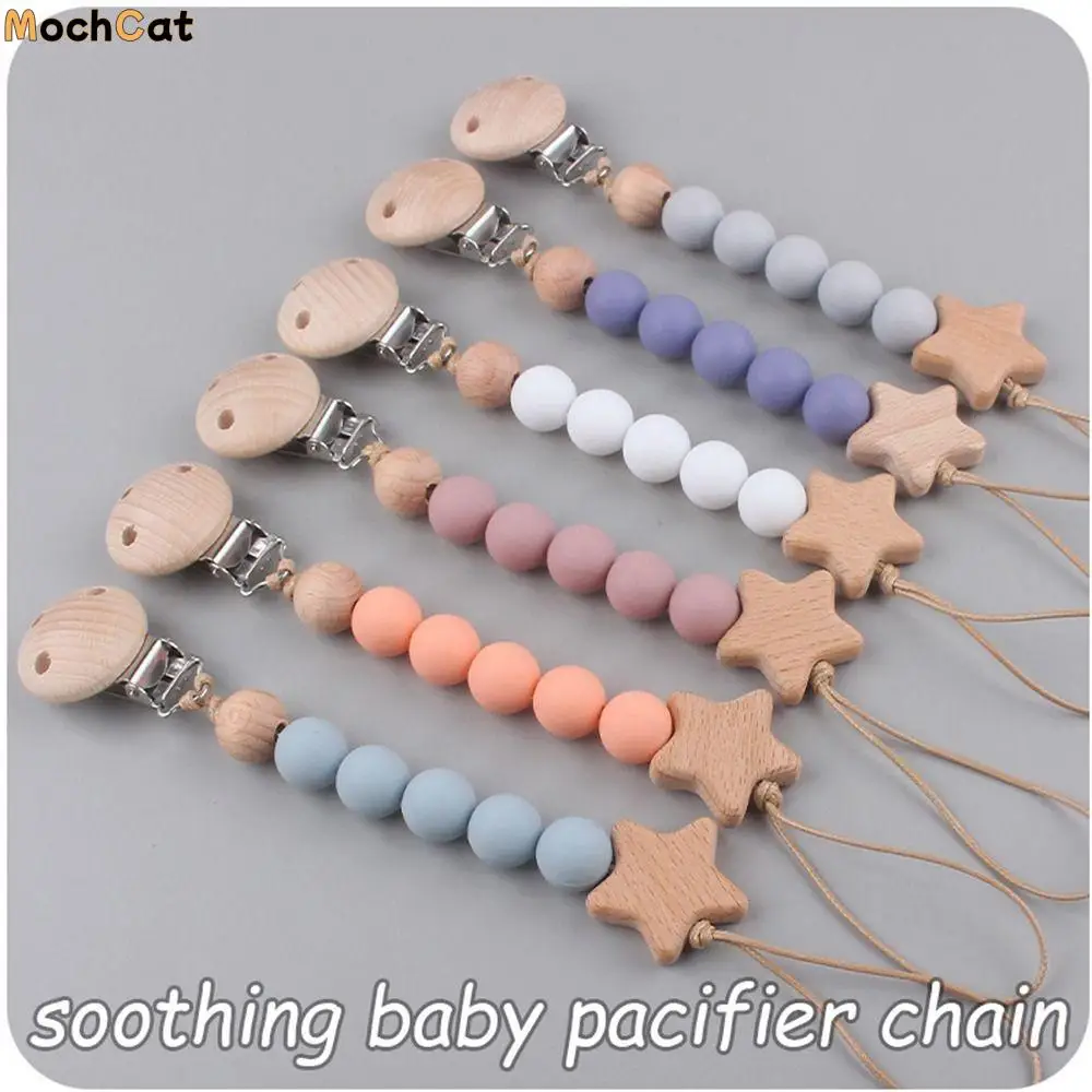 

Dummy Clips Pacifier Holder Clips Star Soother Holder Baby Pacifier Chain Nipple Holder Clips Wood Baby Teether Toys Straps