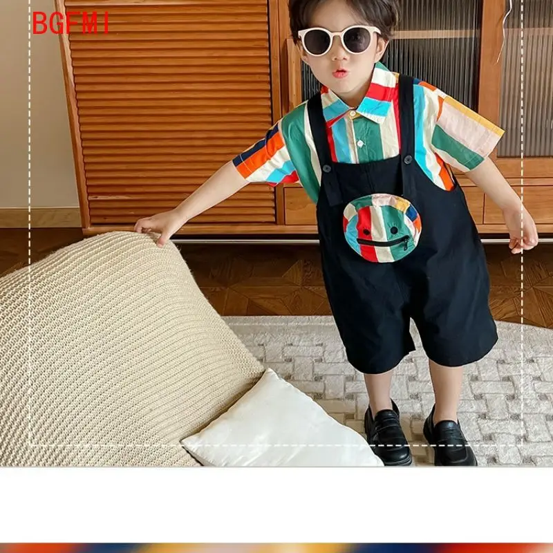 

Rainbow Striped Short Sleeved Shirt Children's Carrying Pants Boys Girls Summer Fashion Shorts Kids Blouse Two Piece Set 1-5Y