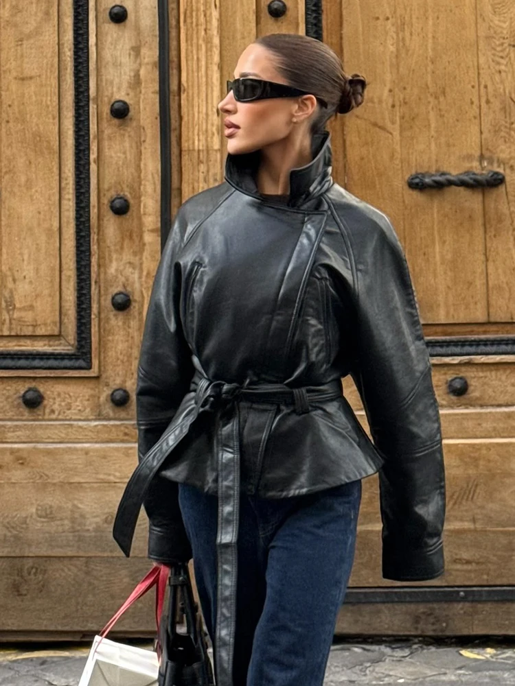 

HH Women Fashion Solid Lapel Long Sleeves Casual Loose Coats Female Autumn Asymmetrical Zipper Belt Decorate Street Short Jacket