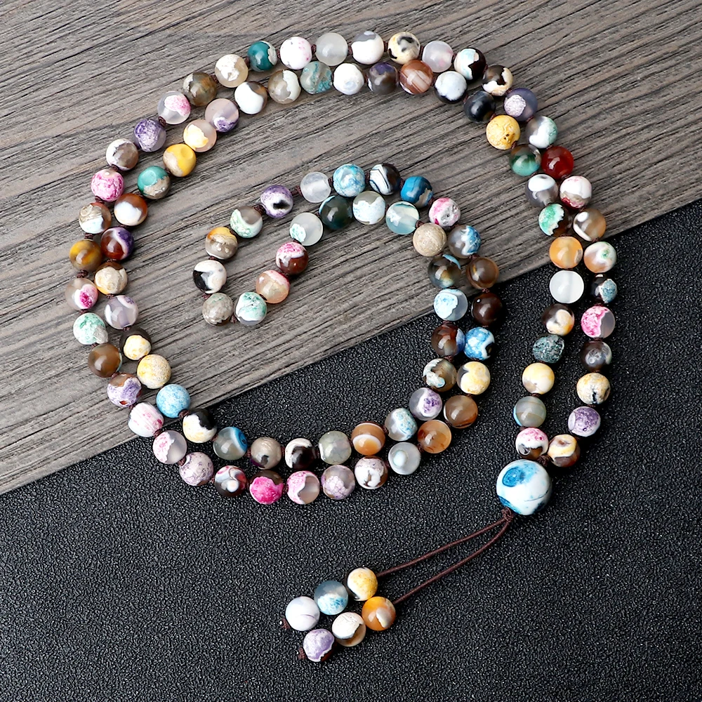 108 Mala Beads Necklace Prayer Colorful Fire Agate Elastic Rope Beacelet Women Men Couple Bangle Chain Jewelry Pulsera Gift New