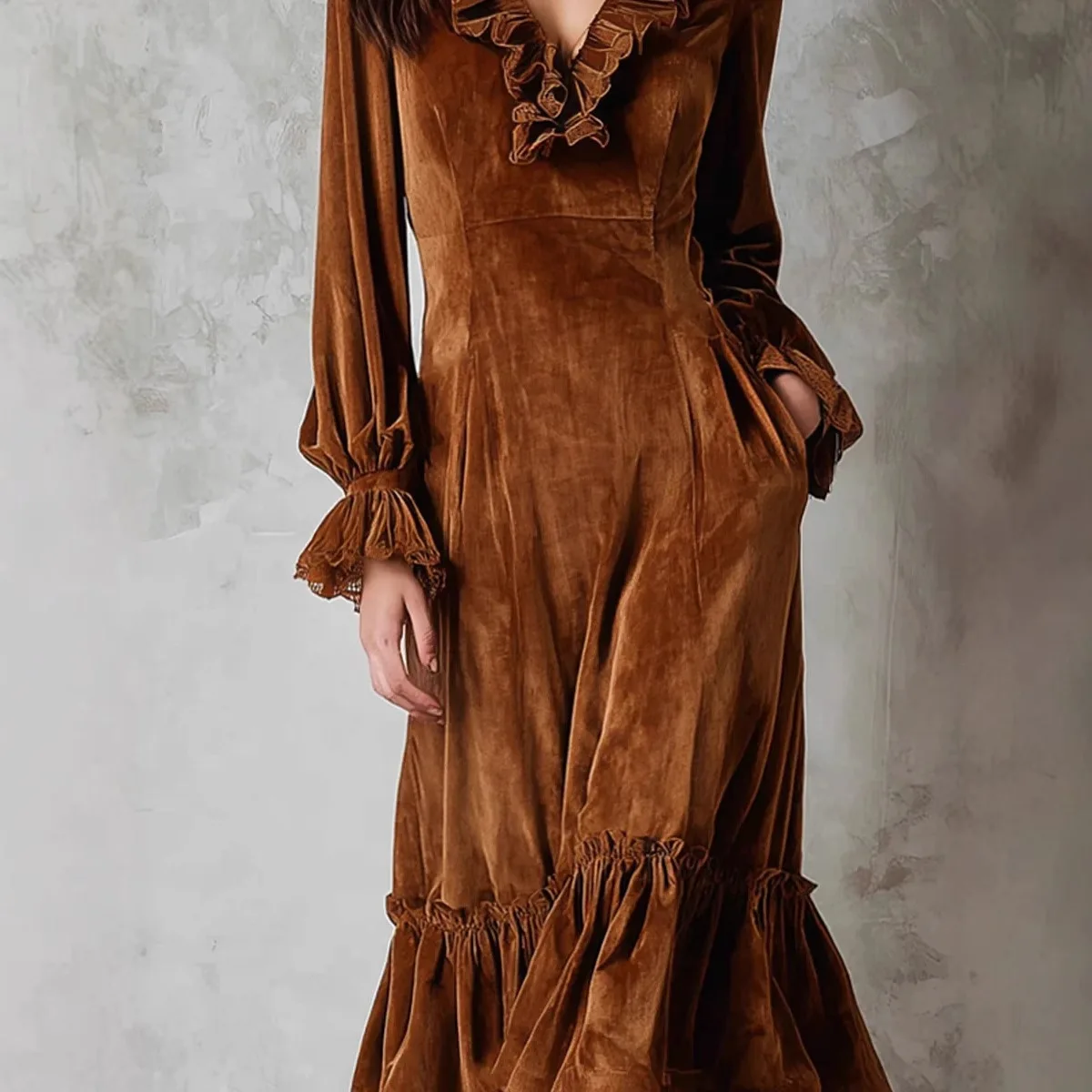 فساتين نسائية 2025 فستان ماكسي عتيق مخملي برقبة على شكل حرف v مكشكش من الدانتيل مقسم بقصة ضيقة للنساء فساتين حفلات أنيقة للخريف والشتاء #4