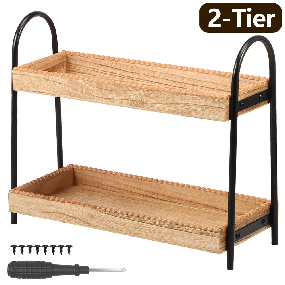 2-stöckiges Küchenlagerregal aus Holz, Arbeitsplatten-Organizer, Regal mit Griff, mehrreihiges Aufbewahrungsregal für kosmetische Parfüm-Kaffeebar
