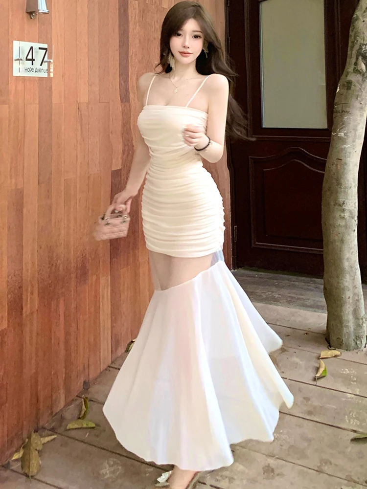 Été blanc maille Patchwork pure Sexy à volants longue robe femmes élégant décontracté fronde robe 2025 coréen moulante fête robe de nuit