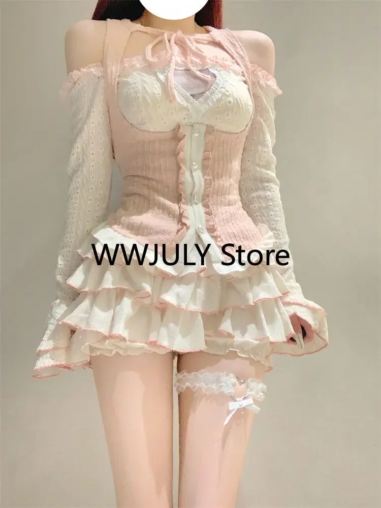 Autumn Kawaii Sweet 3 Piece Set Skirt Girls Casual Crop Tops + Fashion Slim Cake Skirt + Pink Vest Japanese Lace Suit 2023 New