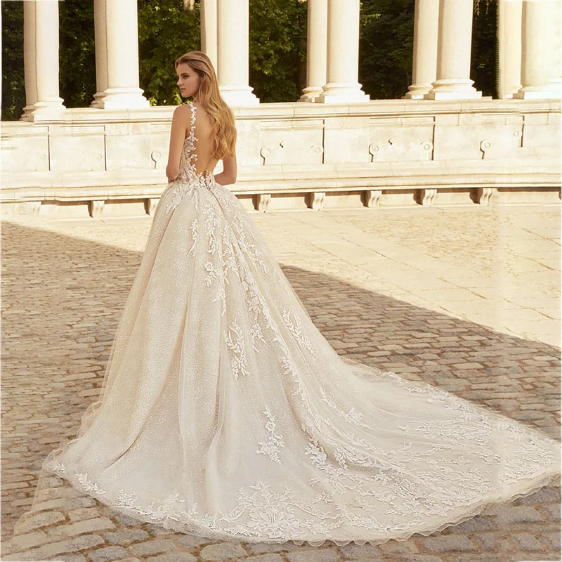 Charming A-line V-neck Wedding Dresses With Spaghetti Strap Split Backless  Appliques Bridal Gown for Women  Custom Made