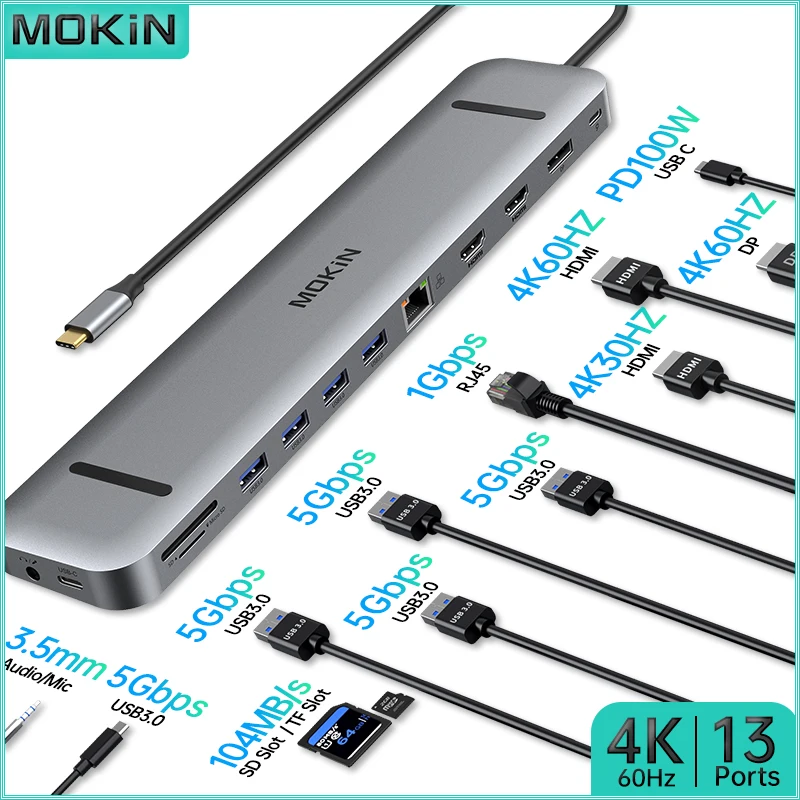 

MOKiN 13-in-1 USB C Docking Station |2 HDMI + DP, 4 USB 3.0, PD, Audio, RJ45 1000Mbps for Mac iPad Laptop Thunderbolt 4K 60HZ