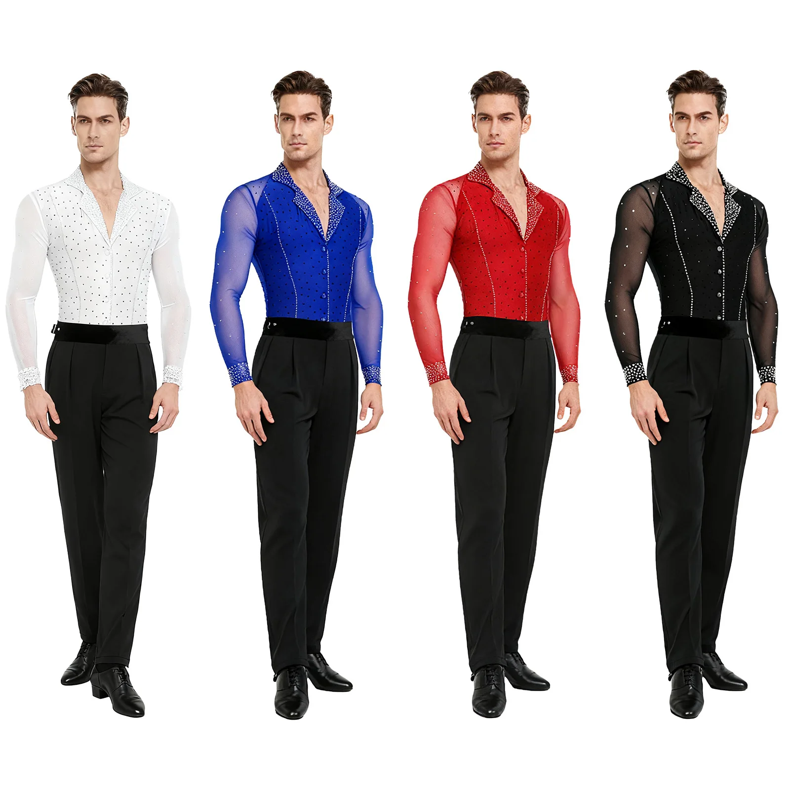 メンズ ツーピース リリカル ラテン タンゴ ダンス衣装 シアーメッシュ スパンコール ボディスーツとロングパンツセット ワルツ サルサ ダンスコスチューム用