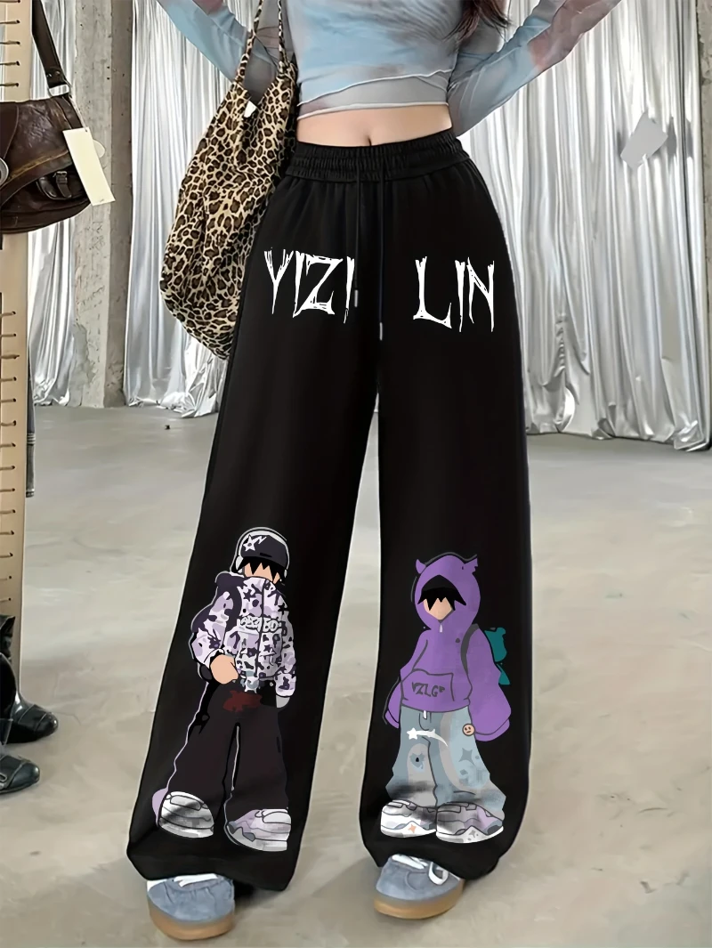 

Streetwear Graphic Print Jogger Pants with Adjustable Drawstring Waist - Loose Fit Wide-Leg Casual Athletic Pants, Black