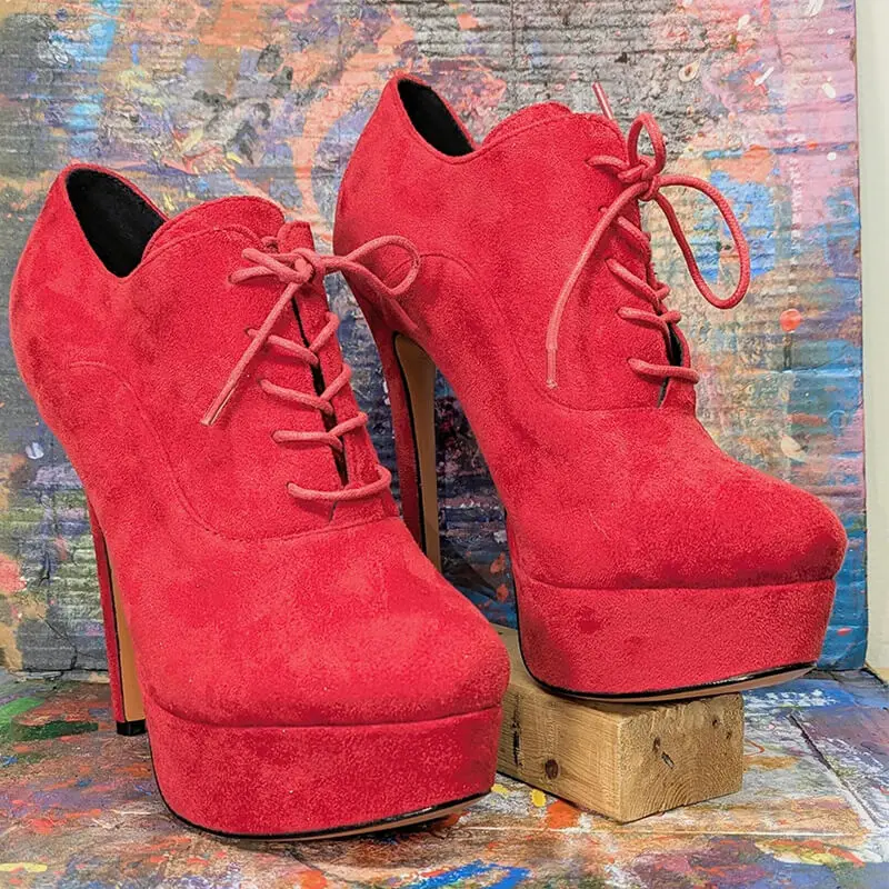 Onlymaker Women Platform Sexy High Heel Ankle Boots Lace Up Stiletto Comfortable Party Flock Booties Plus Size Handmade Shoes