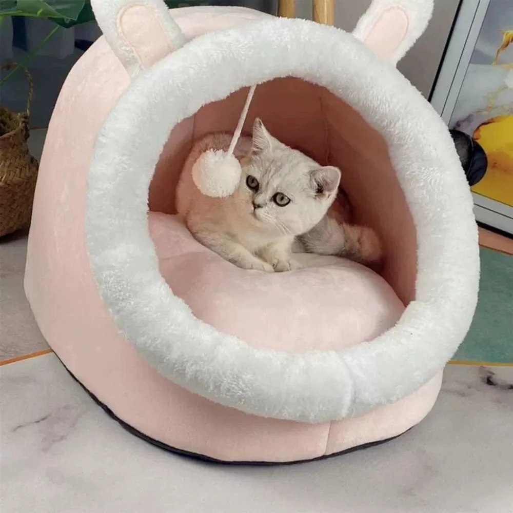 Cat Bed Cave with Removable Washable Cushioned Pillow Mat ang Hanging Ball Toy Soft Plush Cotton Pet Bed Non-Slip Cat House Tent