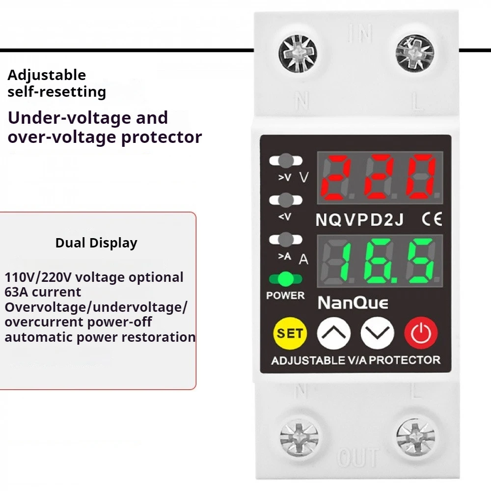 

​63A Single Phase Adjustable Dual-display Self-resetting Overvoltage and Undervoltage Protector 110V/220V Volt Current Meter