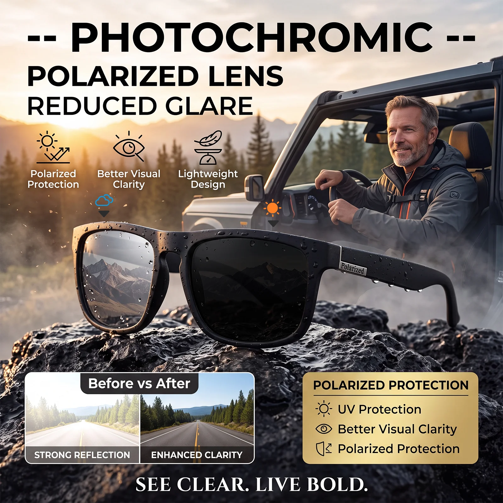 Sportliche Photochrome Polarisierte Sonnenbrille Unisex Klassischer Quadratischer Rahmen UV400 Blendschutz Ganztägiges Tragen zum Fahren Angeln Radfahren – Detail 3