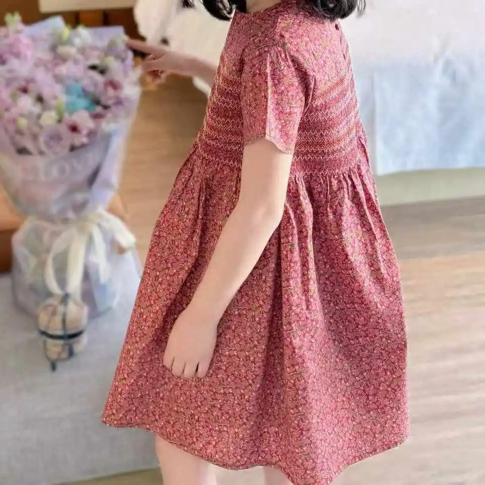 2026 Summer BP Baby Girls Flower Red Dress Smocking Dresses for Birthday Girls Elegant Floral Clothing