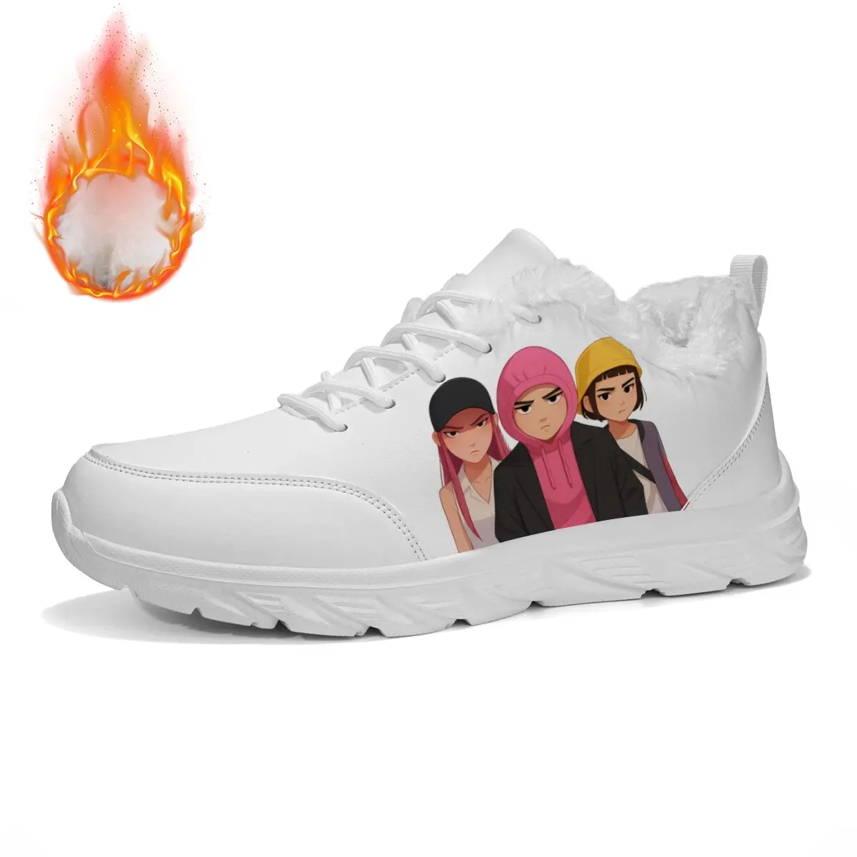 2025 حذاء رجالي شتوي مبطن بالفرو أحذية رياضية مع طباعة أنيمي مقاوم للماء المشي أحذية رياضية الترفيه الذكور أحذية رياضية جلدية