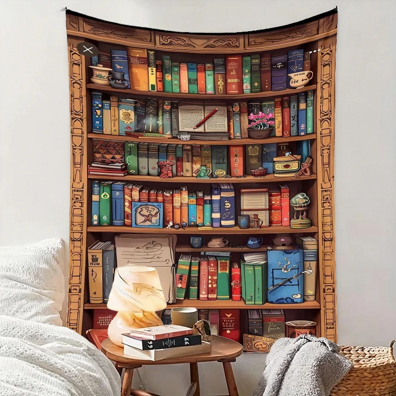 1PC Vintage Bookshelf Art Print Backdrop Banner, Bedroom Living Room Photo Background, Polyester, Home Decor, Wall Art
