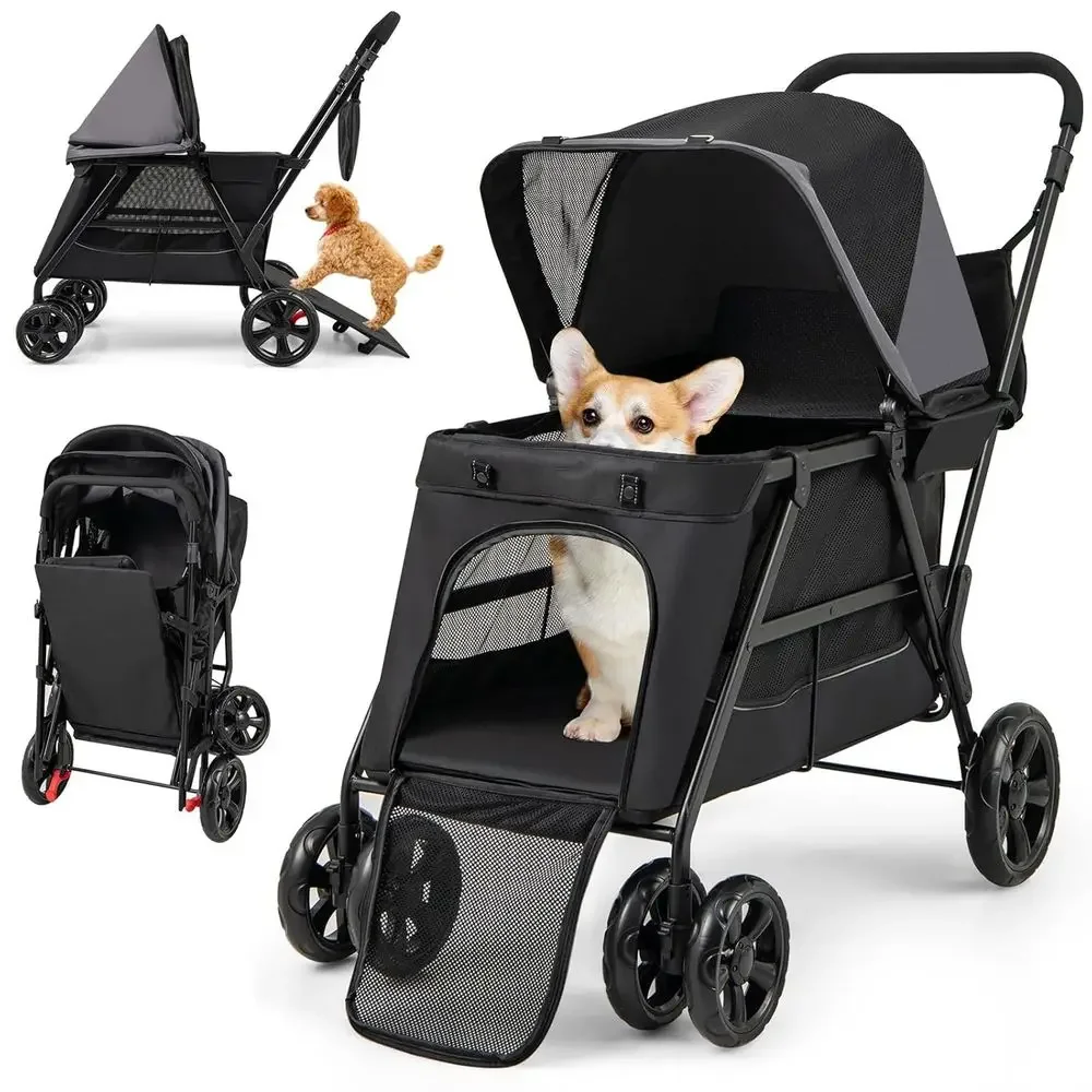 Low Entry Dog Stroller, Lockable & Shock-Absorbing Cat Stroller, Pet Travel Wagon for Small to Medium Senior Dogs, Black