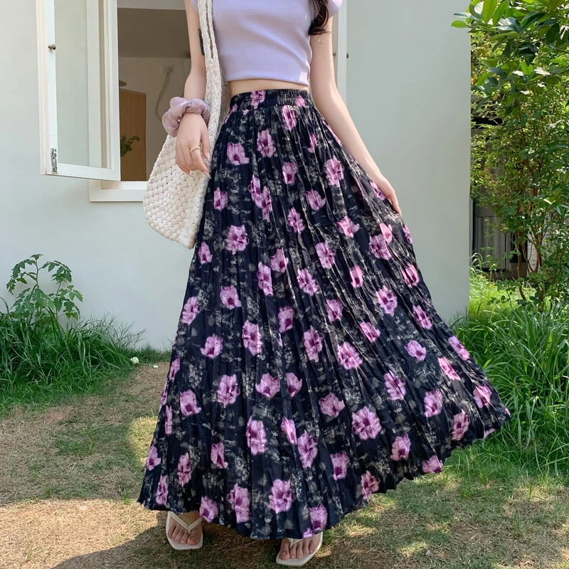 

2025 New Spring Summer Women Elastic High Waist Slim Long Skirt High Quality Sweet Pleated Big Hem Floral Chiffon Skirt